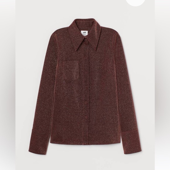 NWT H&M Studio Collection Rust Red Long Sleeve Glittery Metallic Jersey Shirt S - Picture 3 of 8